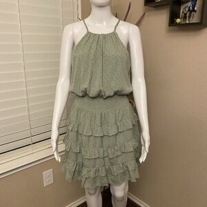 She + Sky Green Star Print Ruffle Dress Smocked Waist Lined Size L